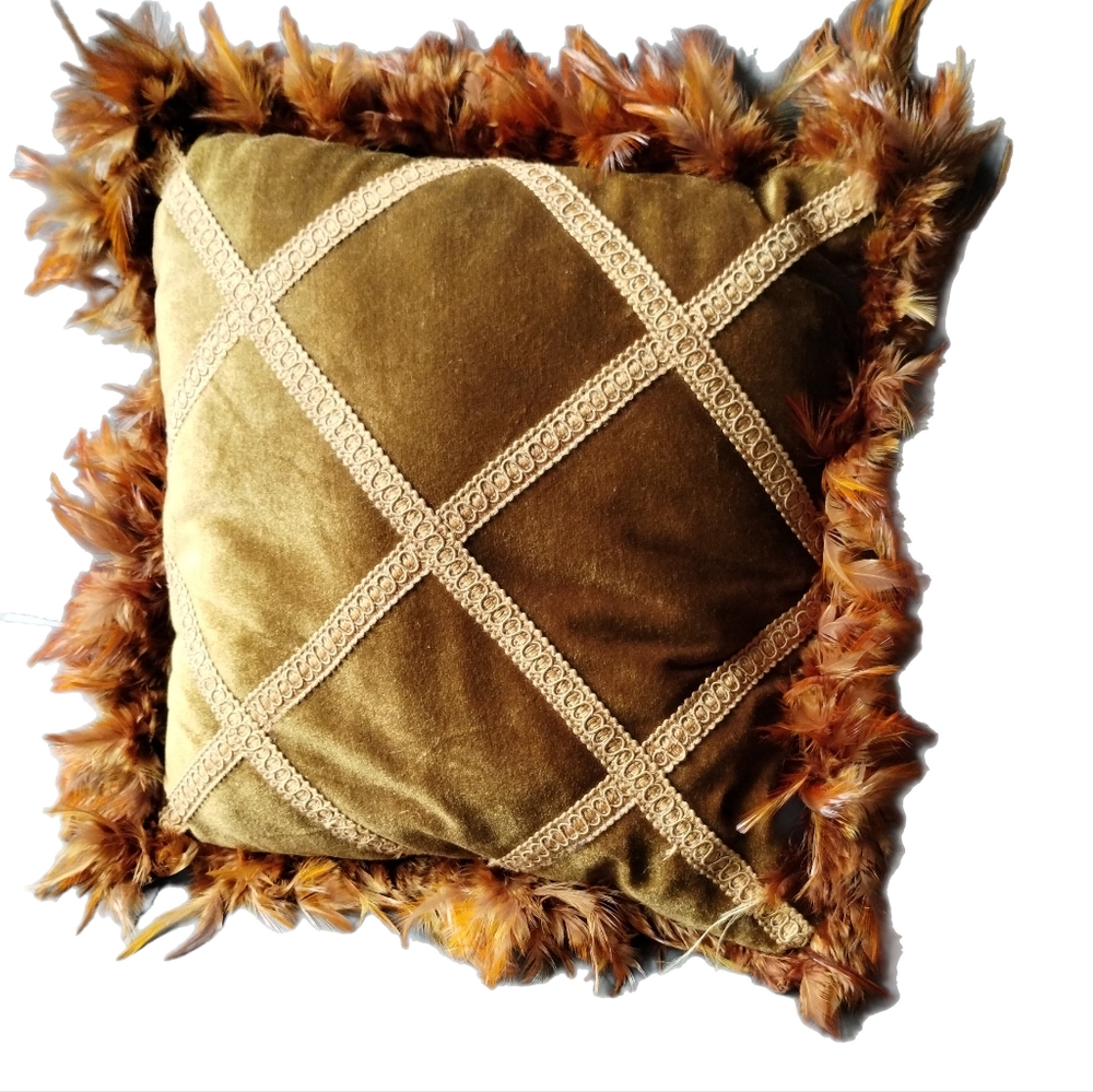 Golden Velvet Accent Throw Pillow with Feathered Border - Braided Diamond Design